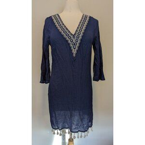 Kona Sol Navy Blue Cover-Up Dress With Embroidered V-Neckline & Tassel Hem  M
